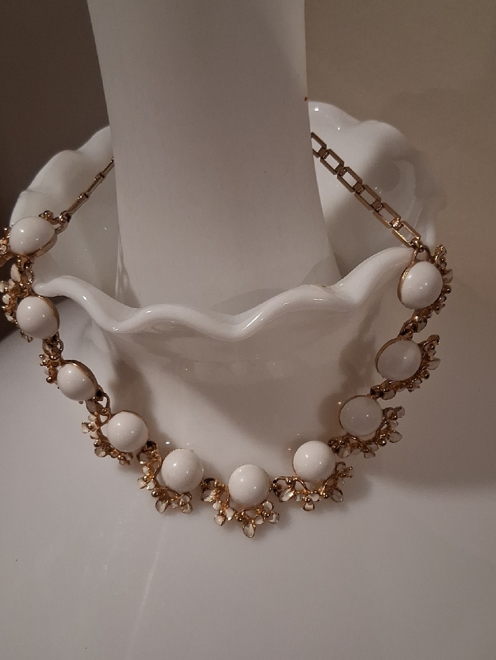 Gold-Tone White Cabochon Necklace - Elegant Choker VERY SMALL 14"